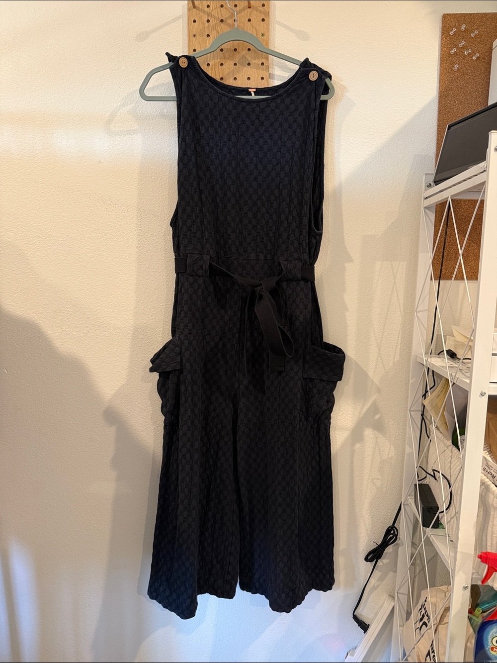 Free People Black Textured Sleeveless Jumpsuit with Tie Waist